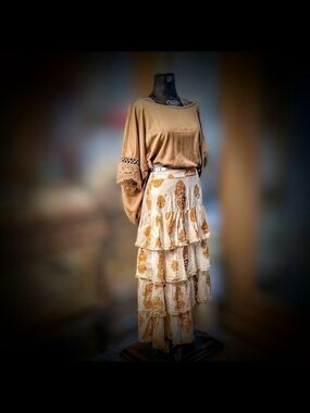 MNK Yellow Floral Cotton Spanish Gypsy Ruffle Maxi Skirt Boho Size M NWT